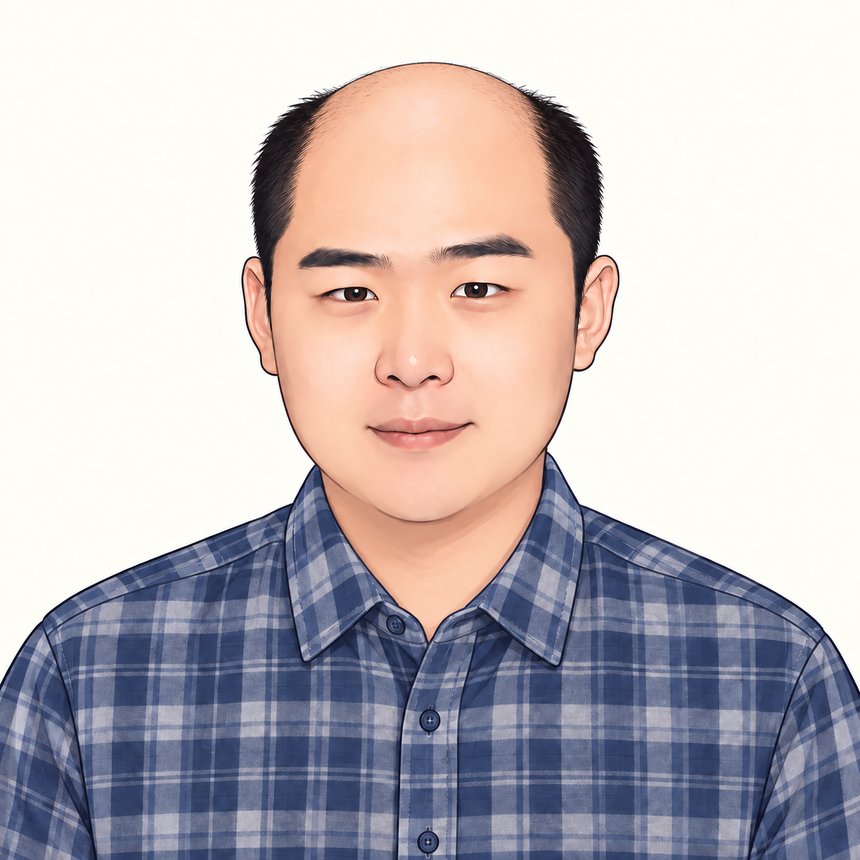 我的程序员卡通形象：格子衬衫，地中海发型，自信微笑